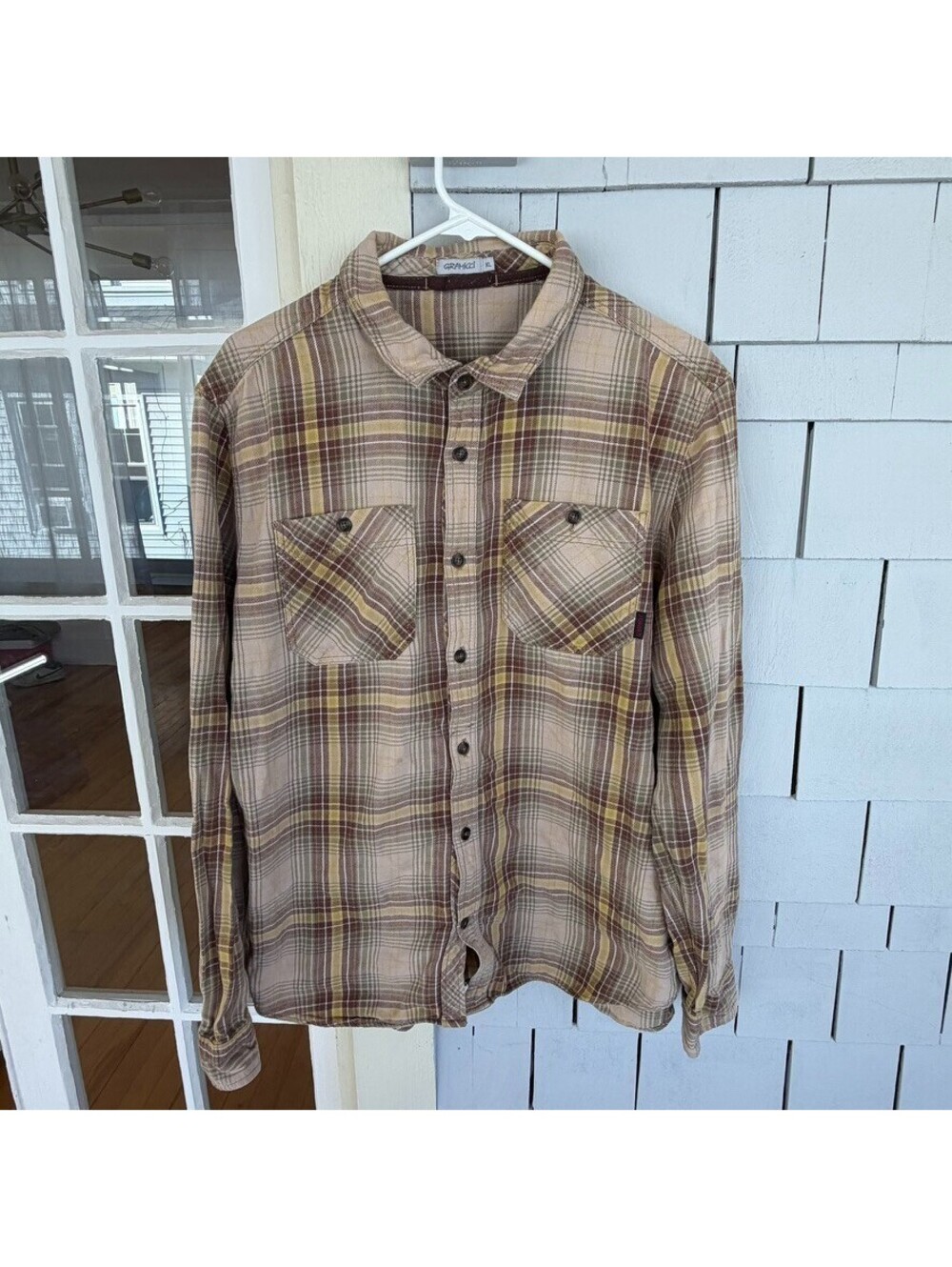 Gramicci Gorpcore Plaid Flannel Shirt Outdoor Button Up Tan Brown Mens XL